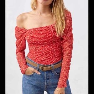 Anthropologie Maeve Tulle Sleeve Shirt Size XL Orange White Polka Dot